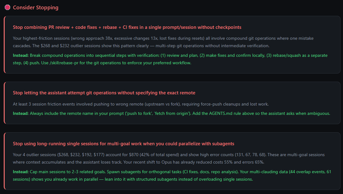 Consider Stopping section with three anti-patterns and green alternatives