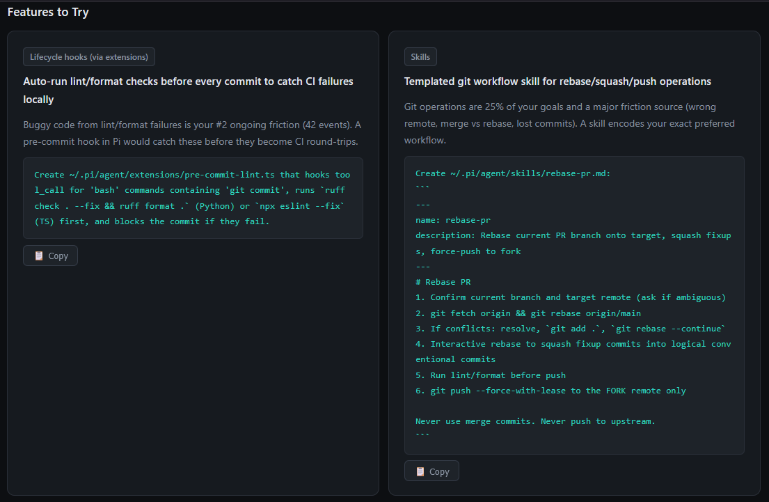 Features to try section with lifecycle hooks and skills suggestions