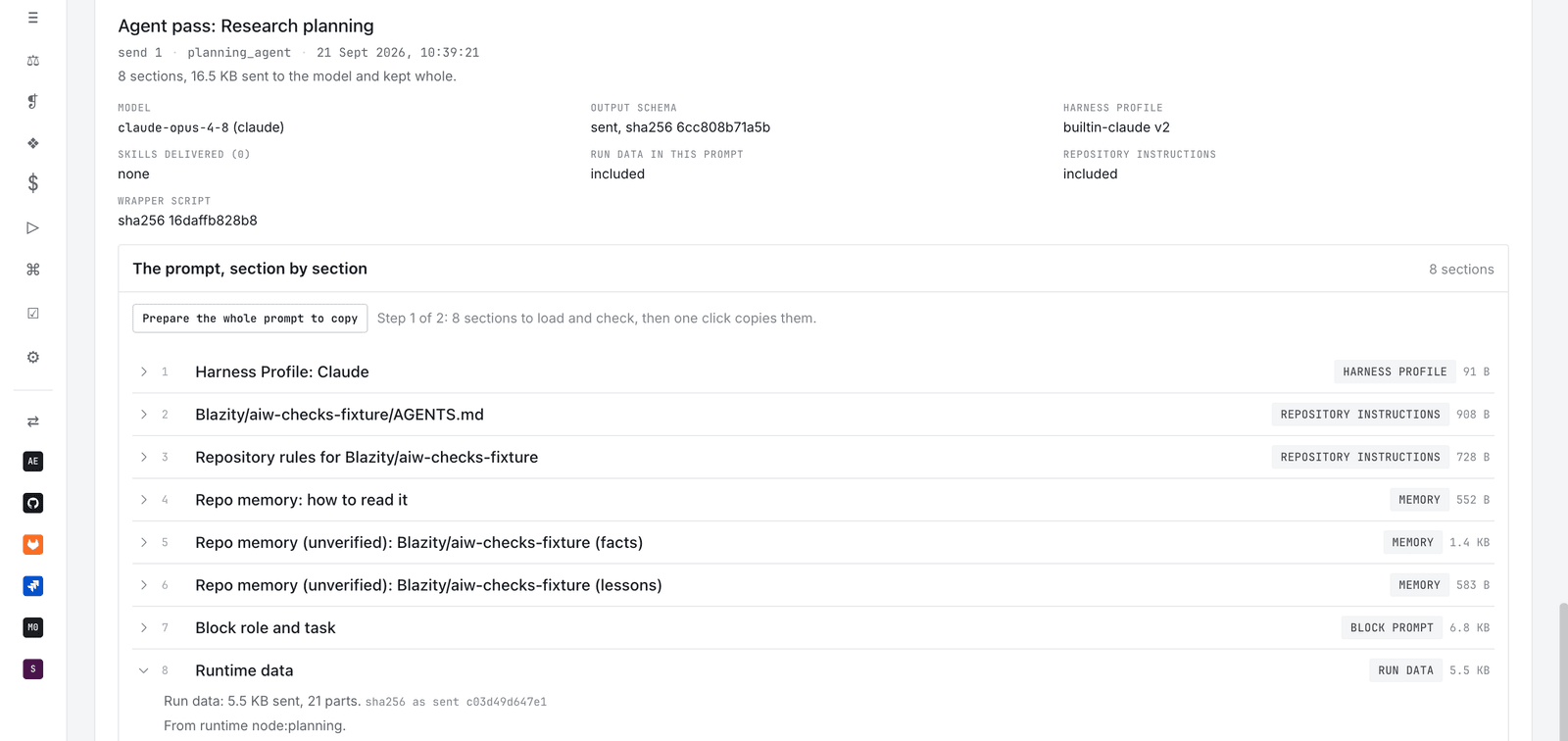 The agent briefing: model, harness profile, and the prompt the planning agent received, split into eight sections with their sources and sizes