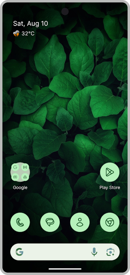 Google Pixel running Lawnchair Launcher with green wallpaper