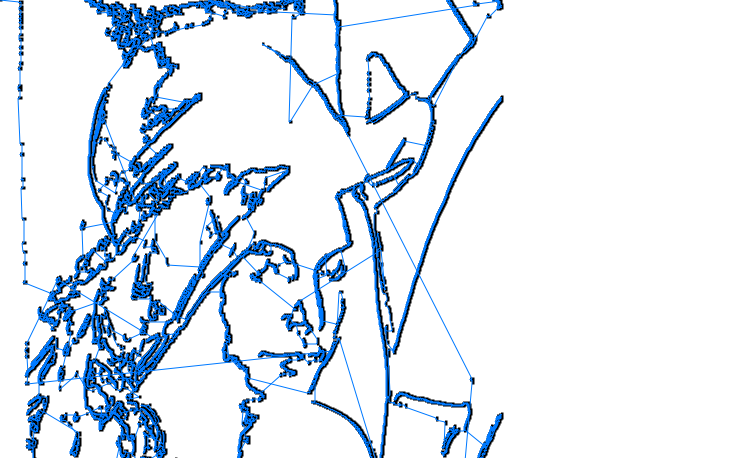 Figure 5: Nearest Neighbor Salesman. No Gaussian blur for edge detection. A dark blue dot represents each edge point. The light blue lines trace the path of the nib.