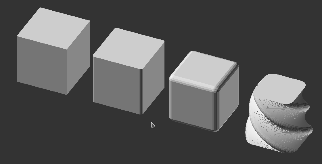 cube, flat top cube, rounded cube, twisted-scaled-extruded round square
