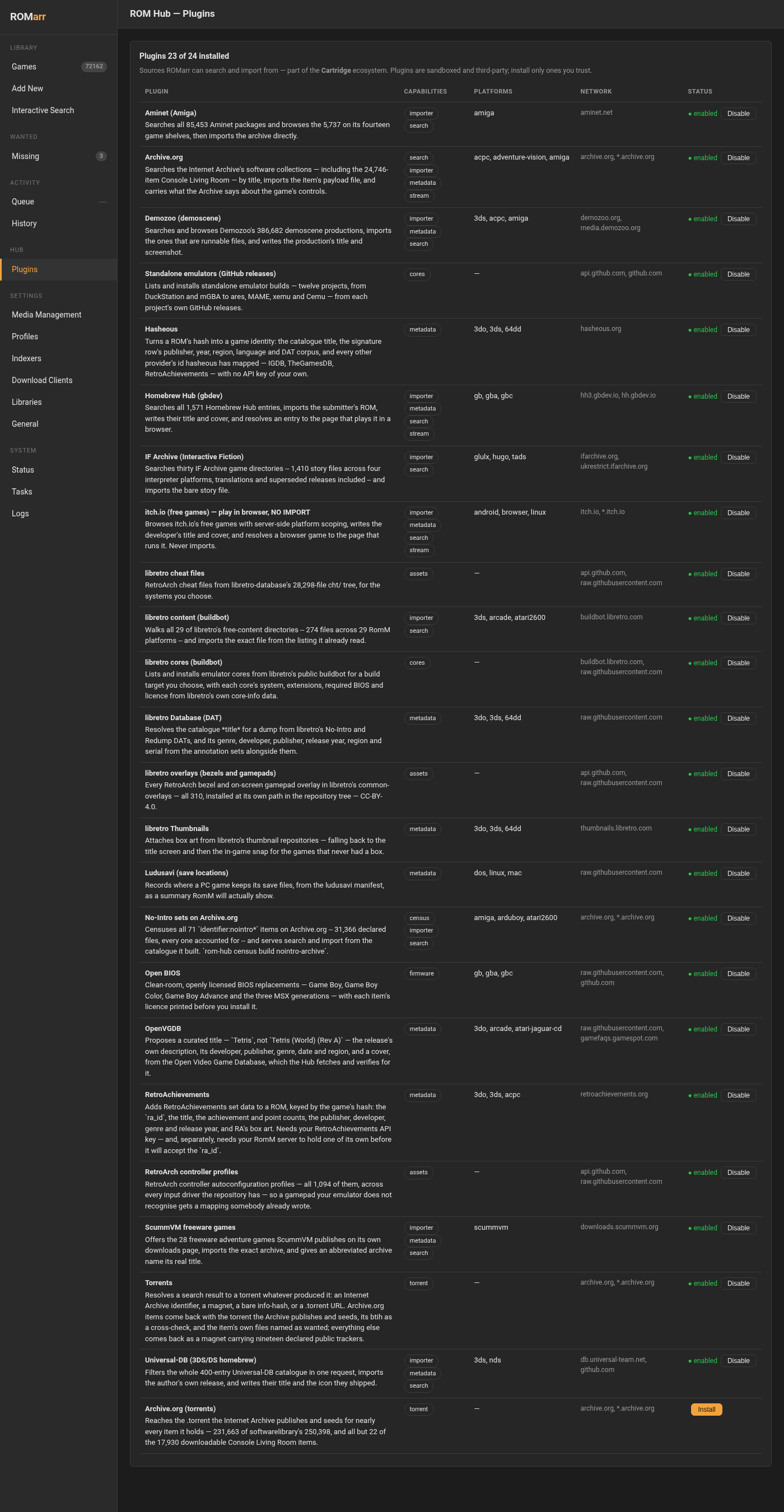 ROMarr Hub plugins tab