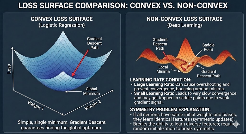 Pic 6. Comparison of Loss Surface: Convex (Logistic Regression) vs Non-Convex (Deep Learning)