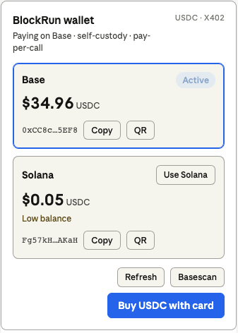 Wallet panel: Base active $34.96 USDC, Solana $0.05 low balance, Copy / QR / Use Solana, Refresh, Basescan, Buy USDC with card