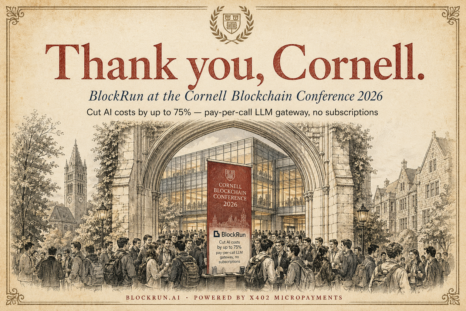 Thank you, Cornell — BlockRun at the Cornell Blockchain Conference 2026, packed booth