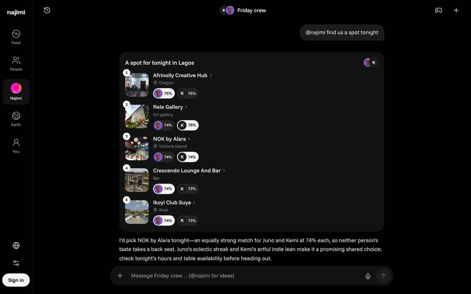 In the Friday crew circle, one ask returns five Lagos places, each scored for Juno and for Kemi
