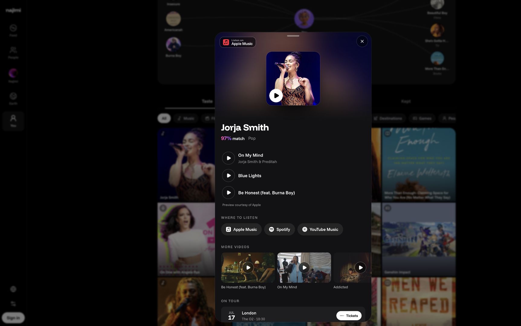 Jorja Smith artist sheet with song previews and a concert