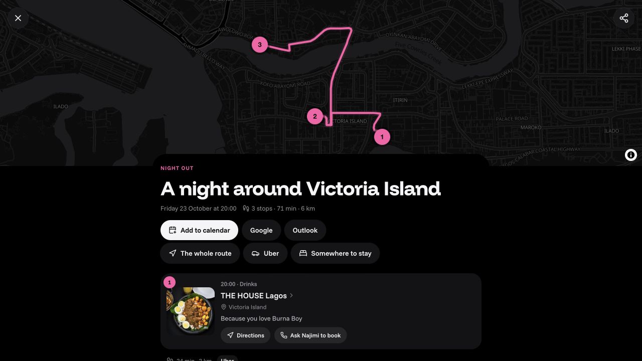 A mapped night around Victoria Island with three stops and travel options