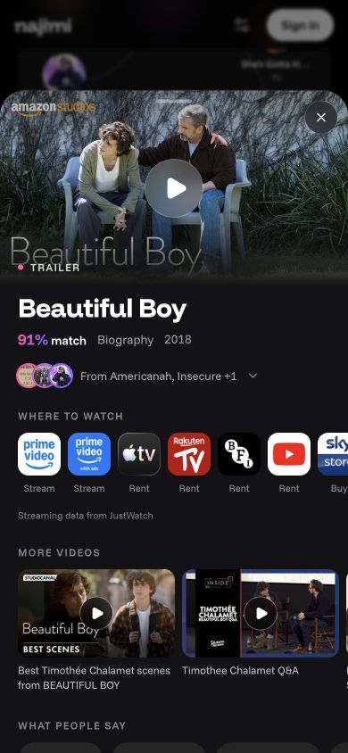 Mobile film detail showing the Beautiful Boy trailer and where-to-watch options
