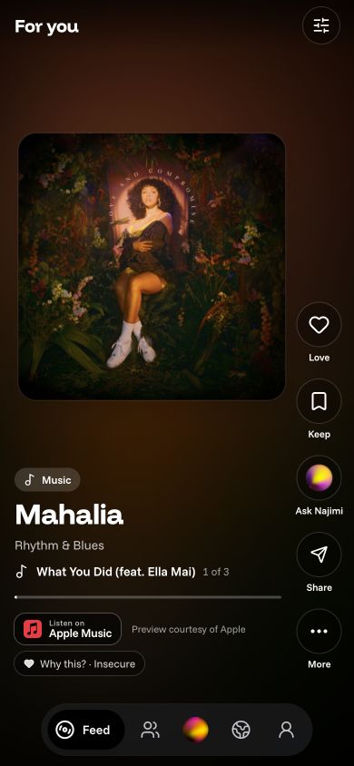 Mobile feed with a playable music pick and its taste explanation