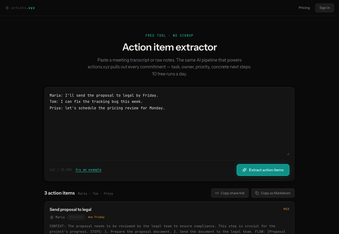 Demo: a meeting transcript pasted into the actions.xyz extractor, returning structured action items