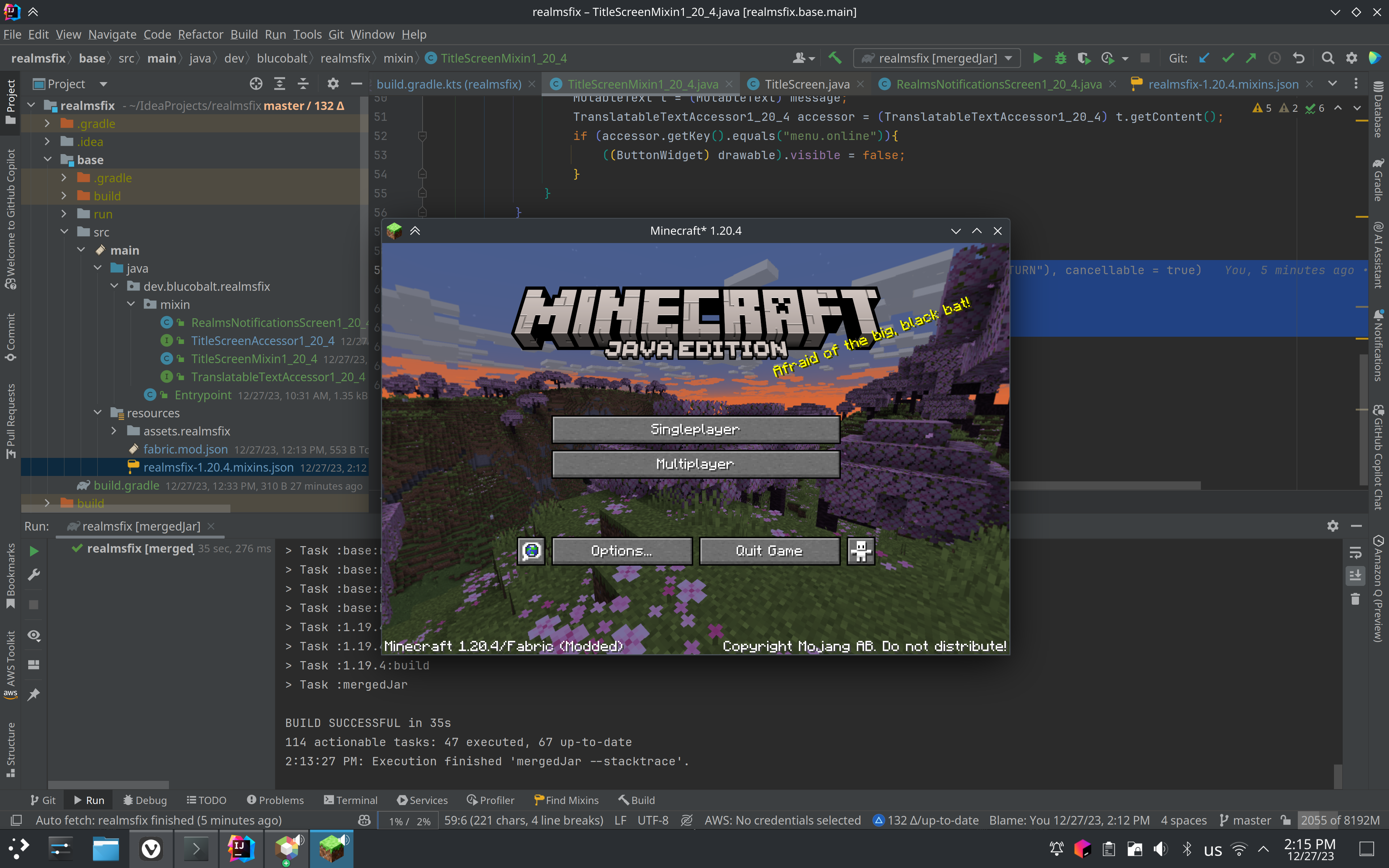 1.20.4 main menu, notably without the realms button