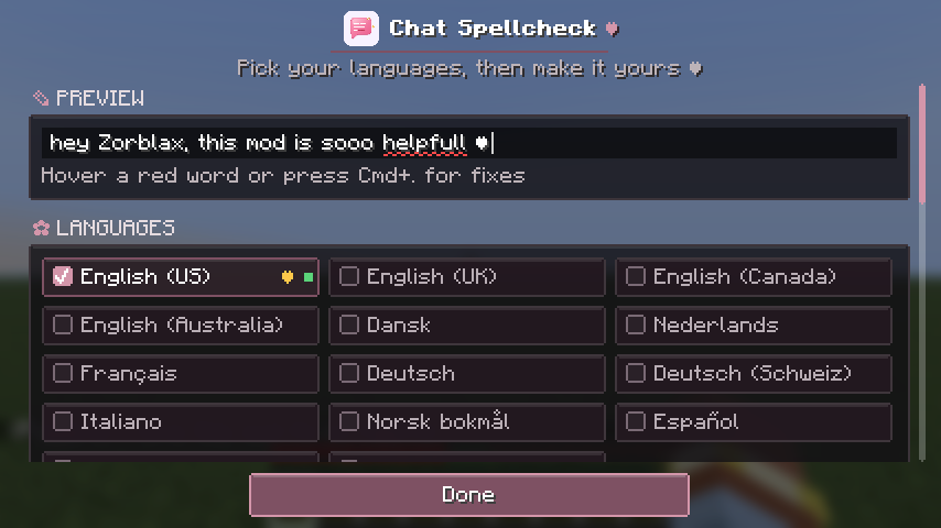 The 2.0 settings screen with a live preview line and the language list