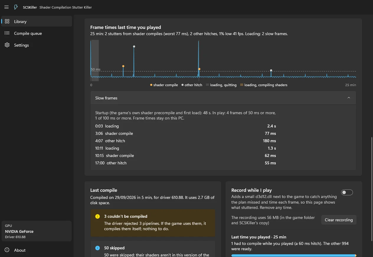 A game's page: the frame times of the last session, with shader compile stutters marked apart from other hitches and loading, and the list of slow frames.