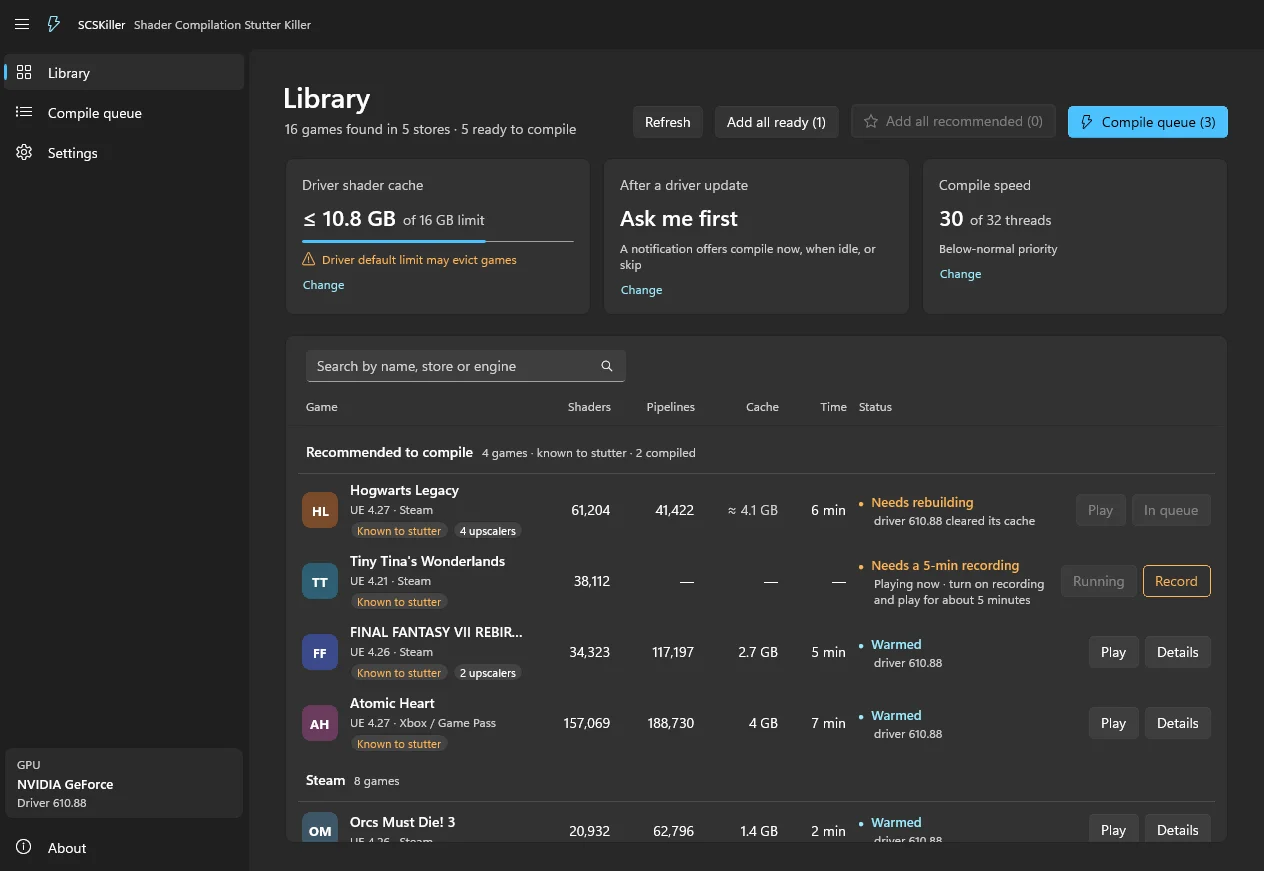 SCSKiller's library: games grouped by store, with shader and pipeline counts, cache size, compile time, a status such as Needs rebuilding or Warmed, and Play buttons.