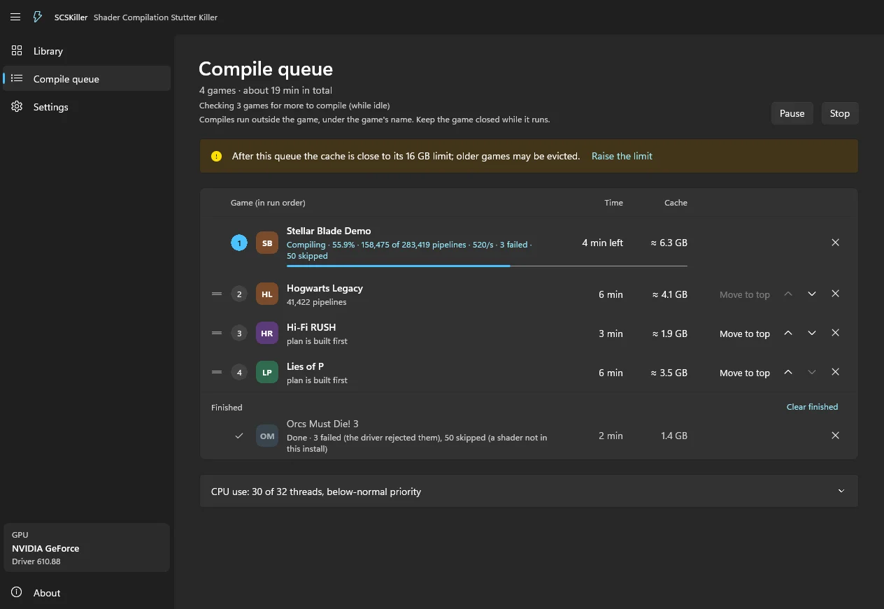 The compile queue: one game compiling with pipelines per second, games waiting, one finished.