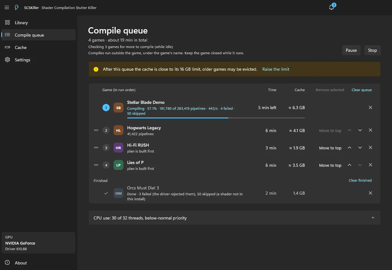 The compile queue: one game compiling with pipelines per second, games waiting, one finished.