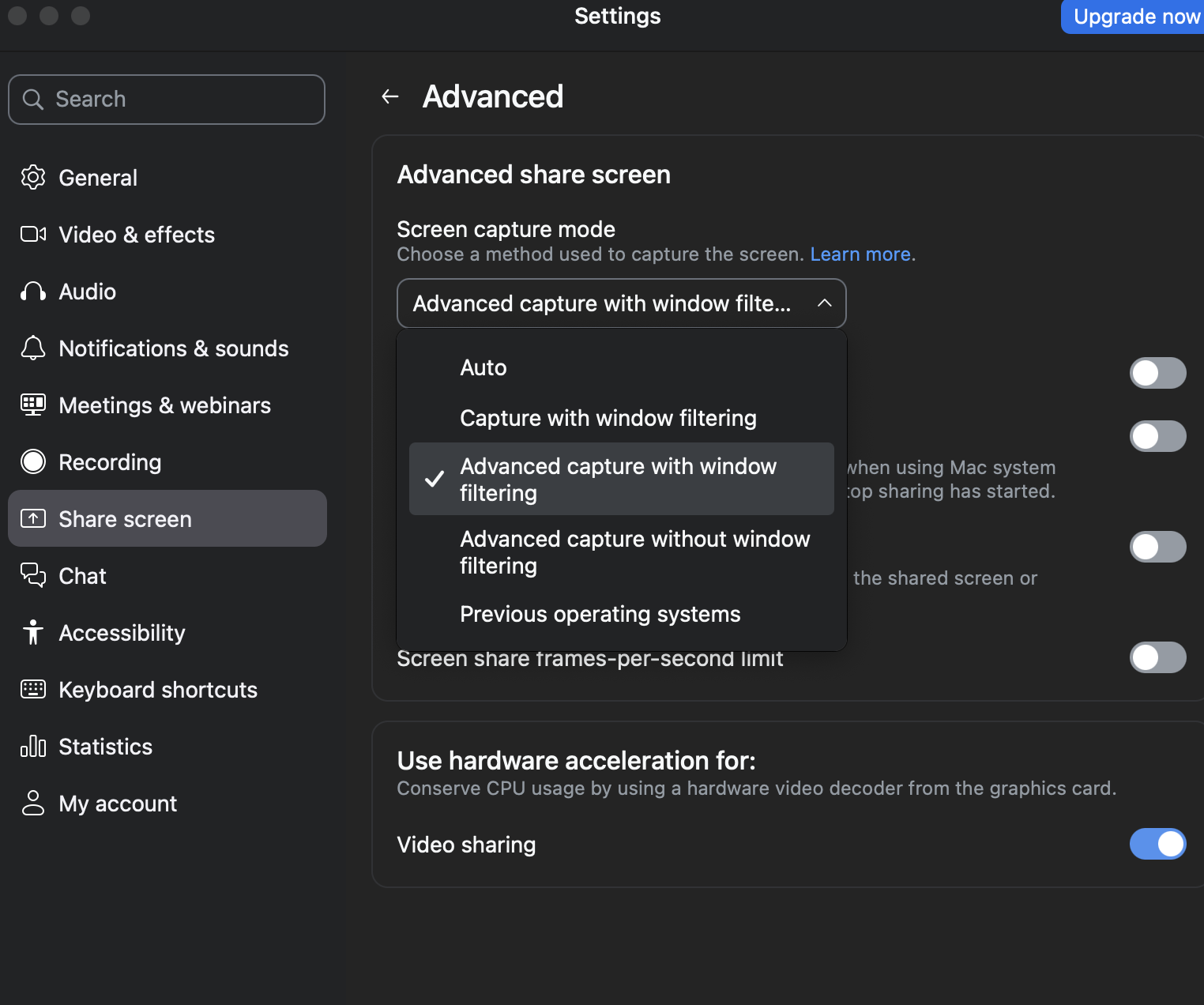 Zoom screen capture mode setting