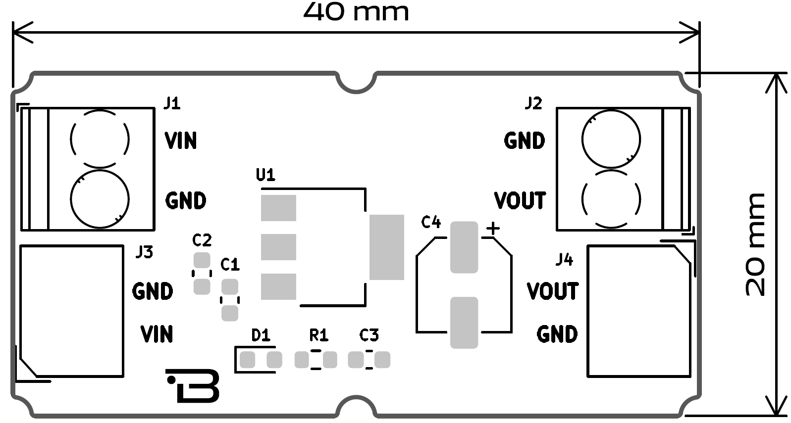 Dimensioni del regolatore di tensione Boardoza AMS1117-5V