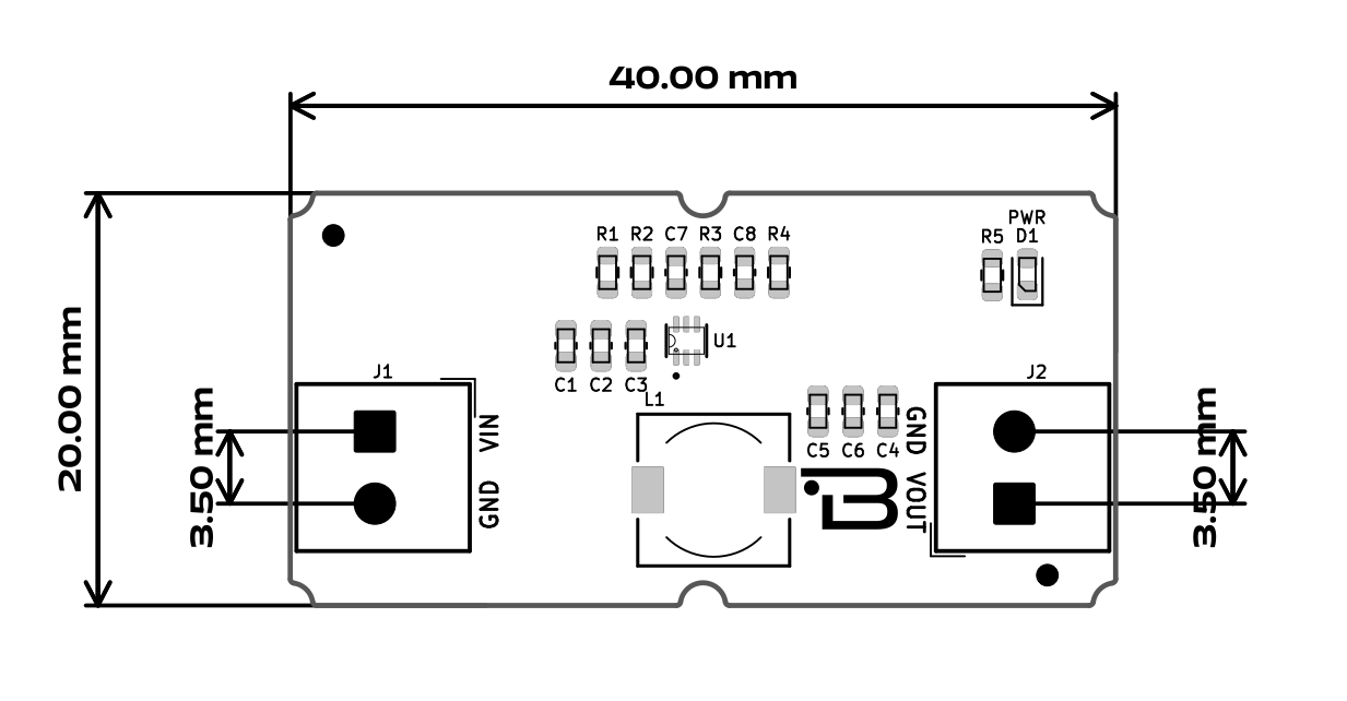 Dimensioni del regolatore buck Boardoza TPS563203 5 V
