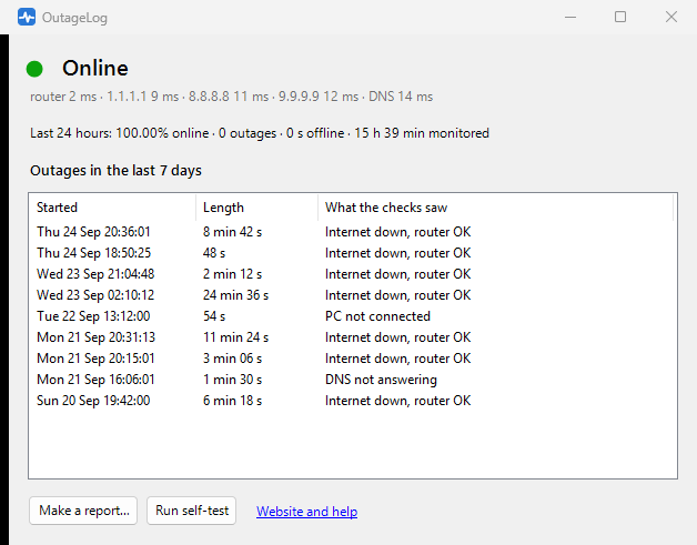 OutageLog status window