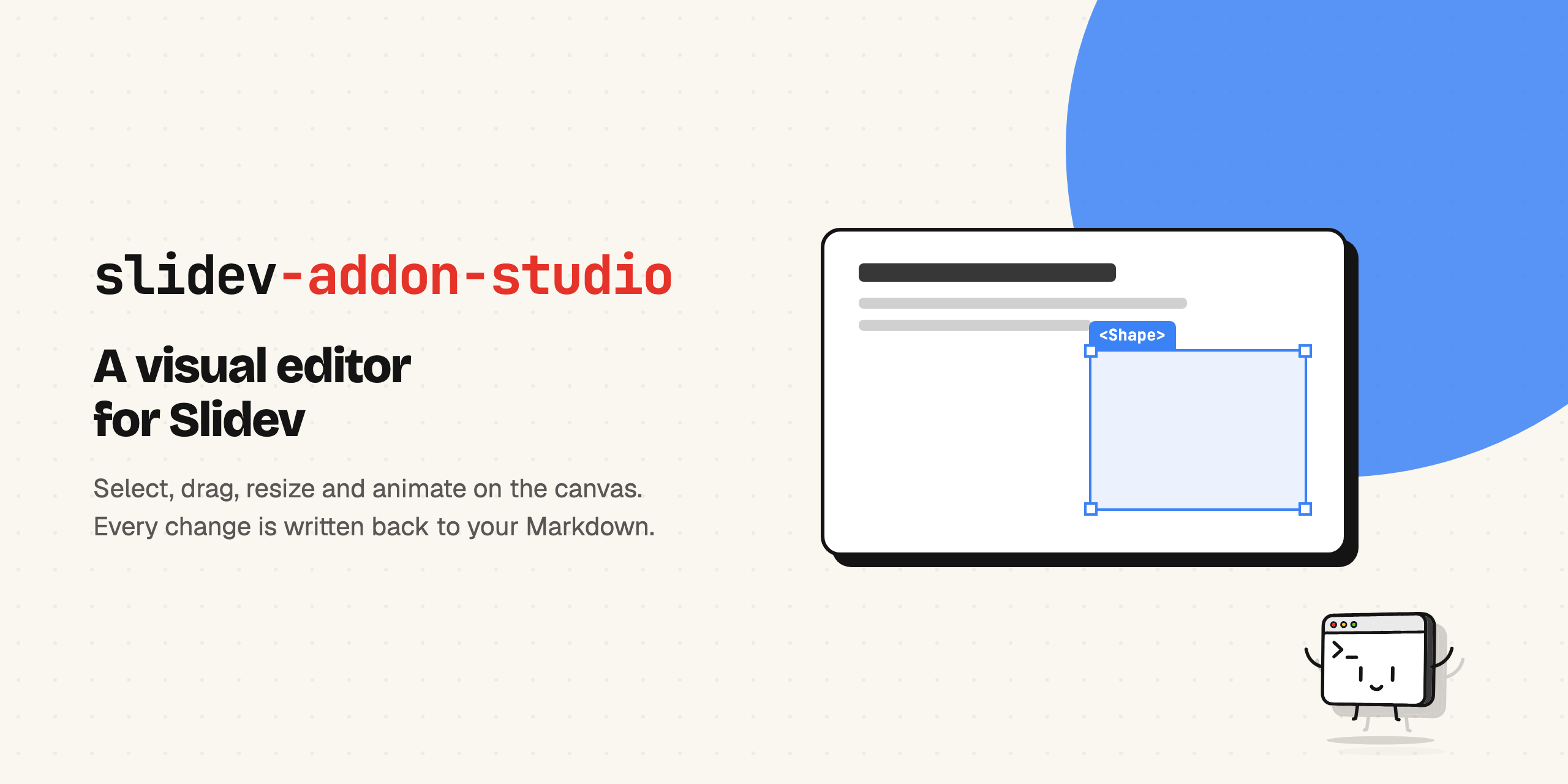slidev-addon-studio: a visual editor for Slidev. A slide canvas with a Shape component selected, showing the selection outline and resize handles