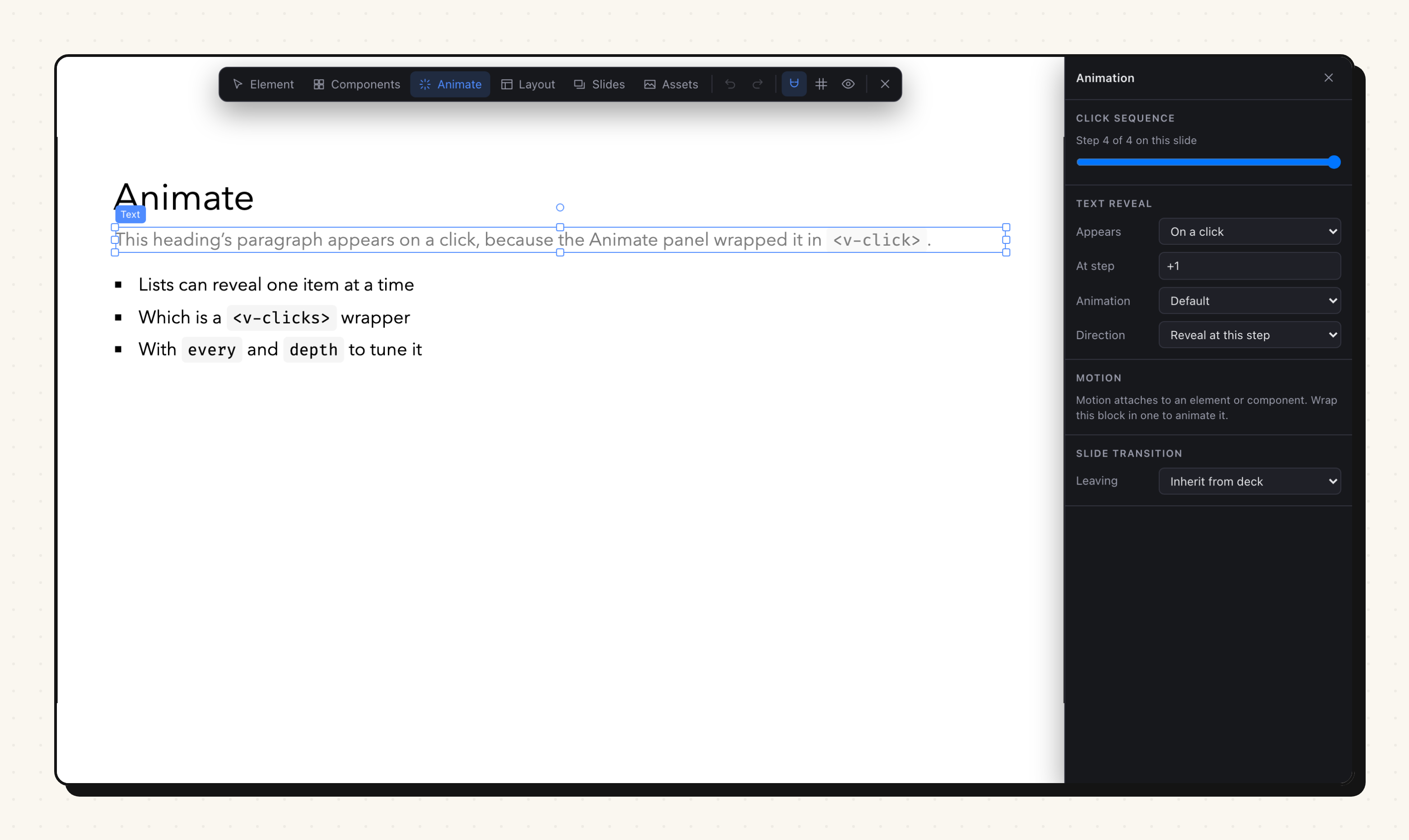 The Animate panel with a click scrubber and the reveal settings for the selected paragraph