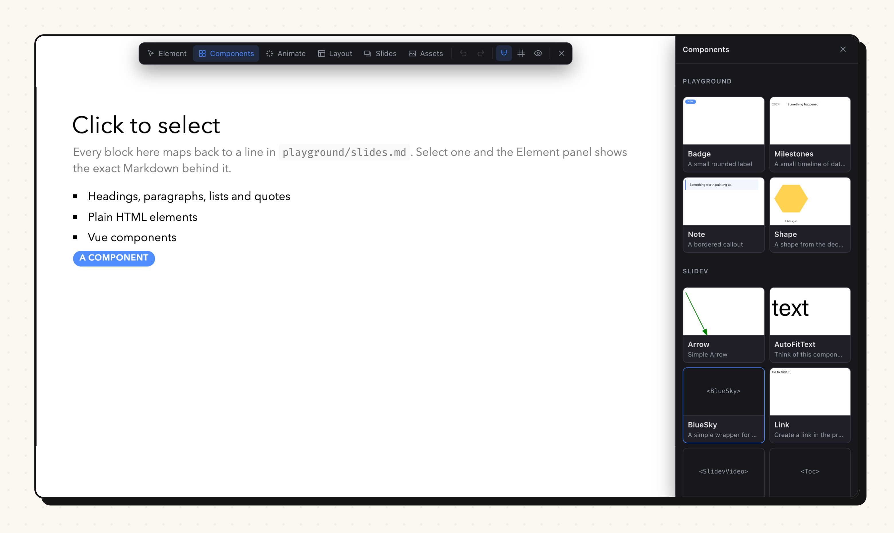 The Components panel showing the deck's own components, each tile rendering the real component