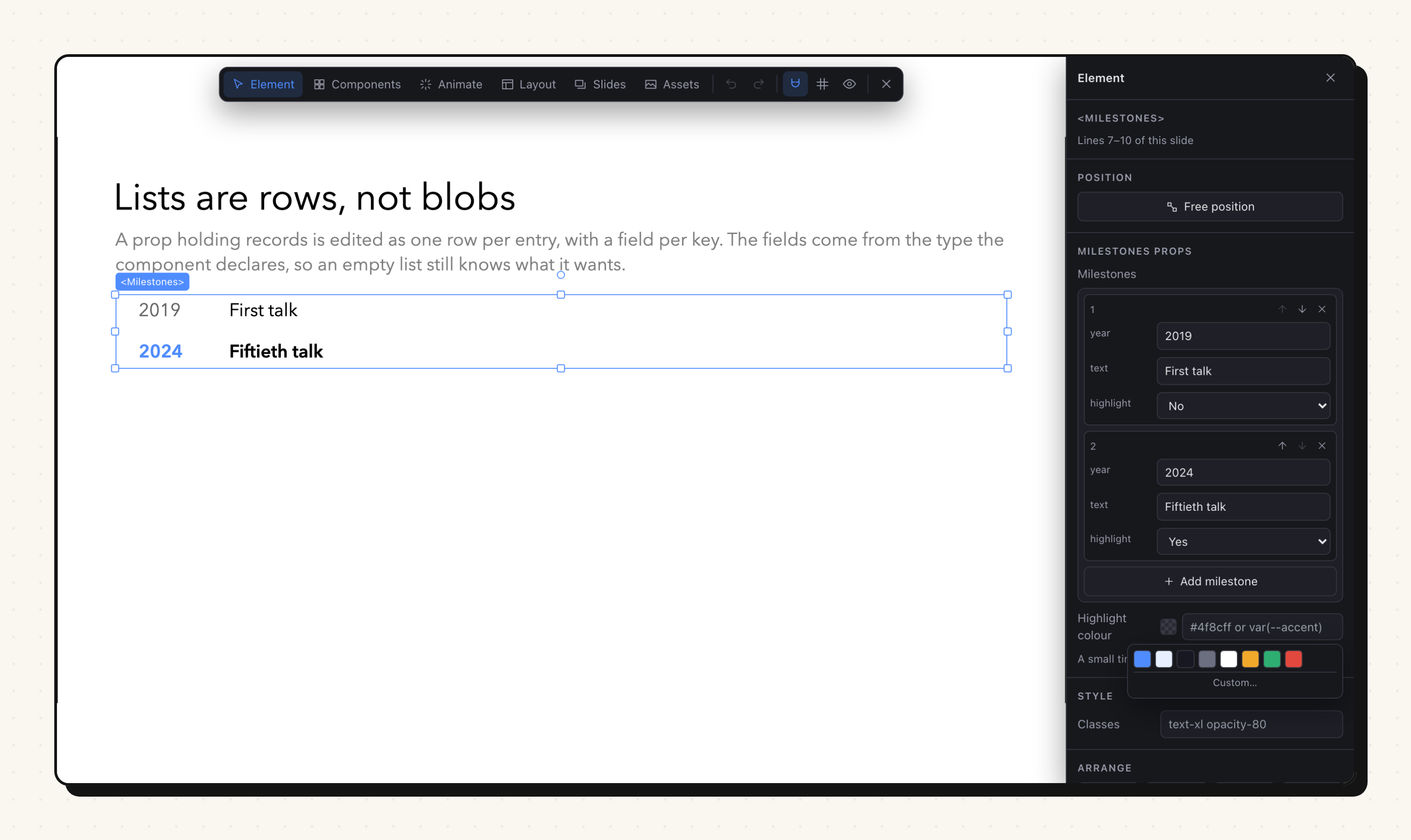 The Element panel editing a list of records as rows, with the theme's colour palette open below it