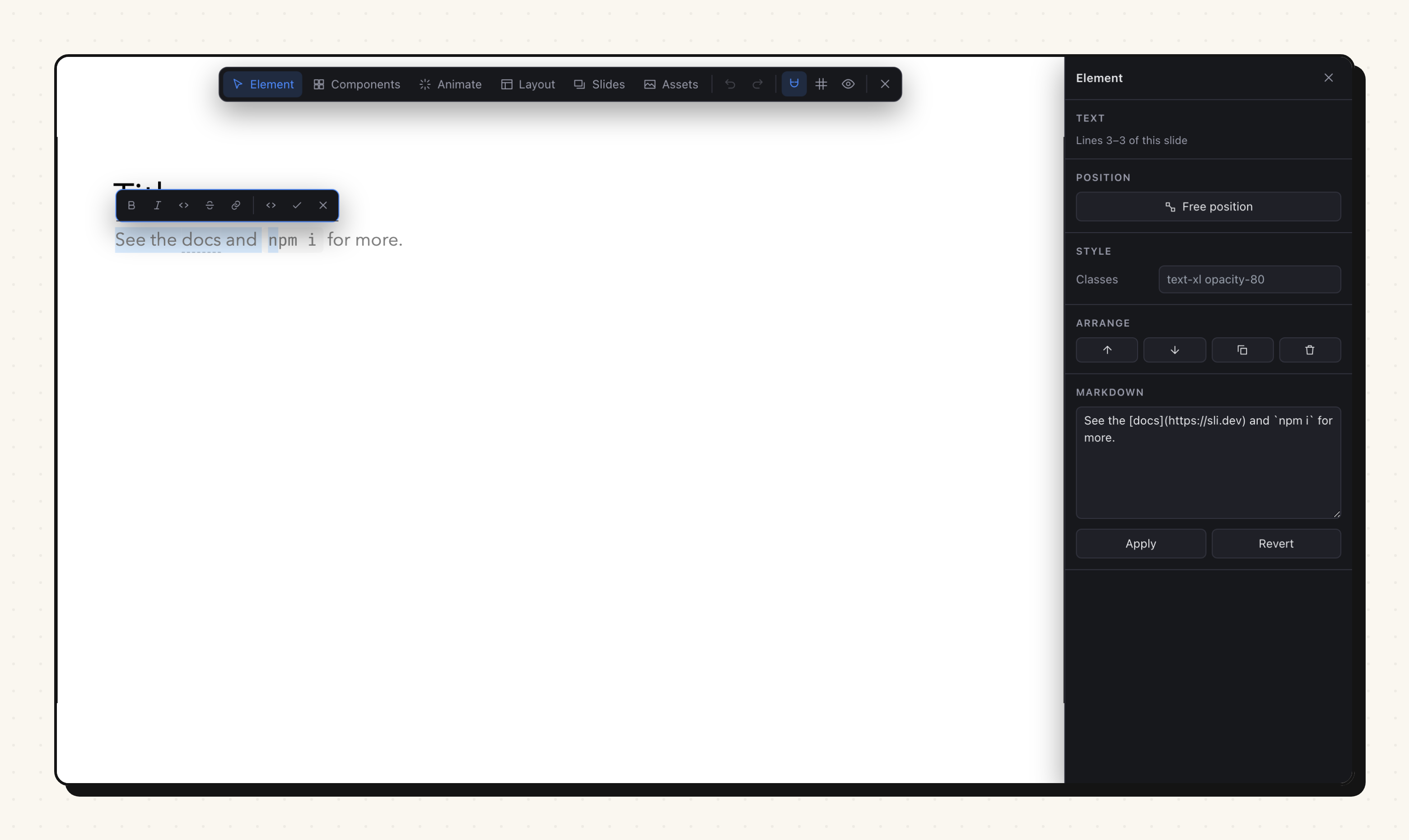 A paragraph being edited in place, with a formatting toolbar above it