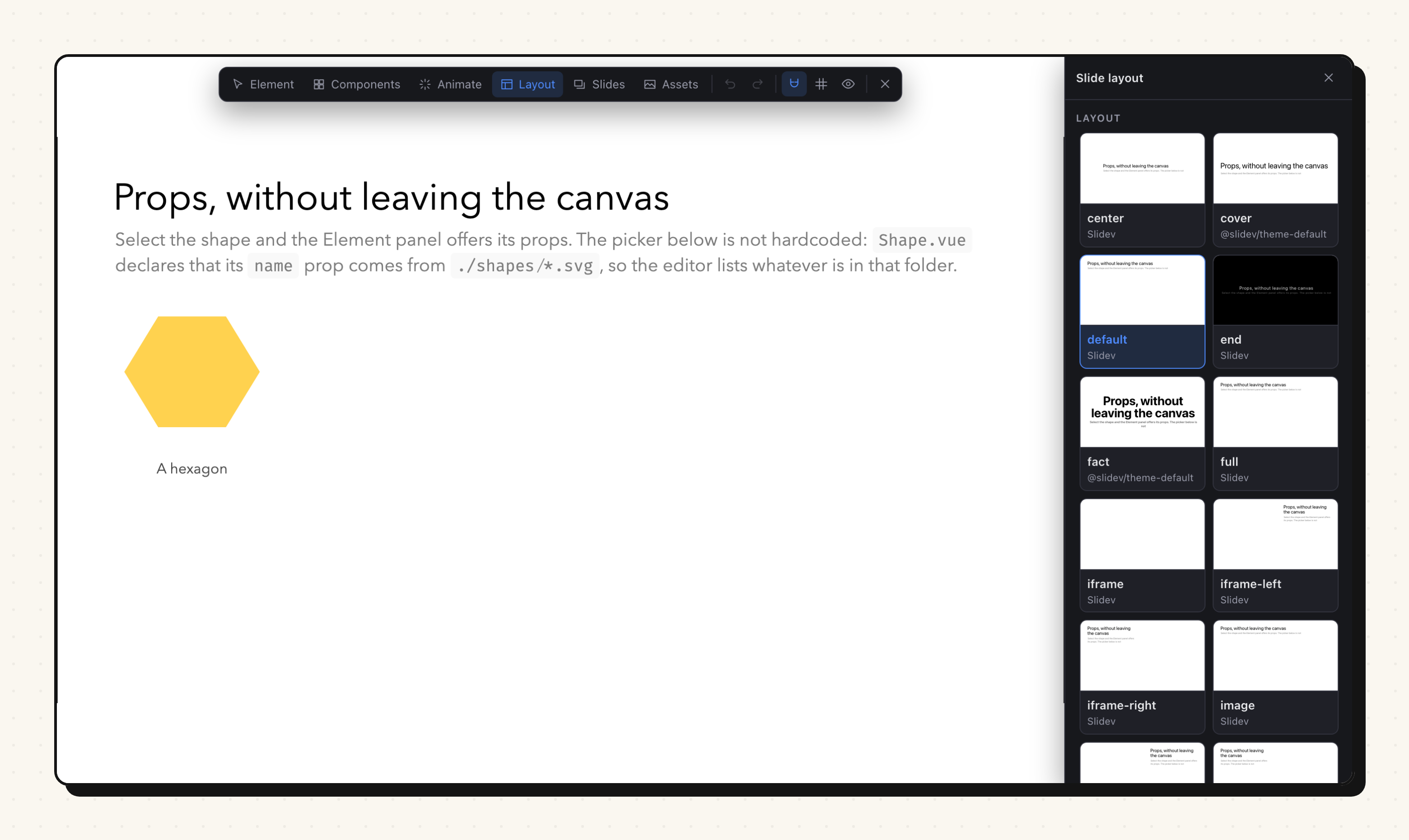 The Layout panel showing a thumbnail per layout, each rendering the current slide's title