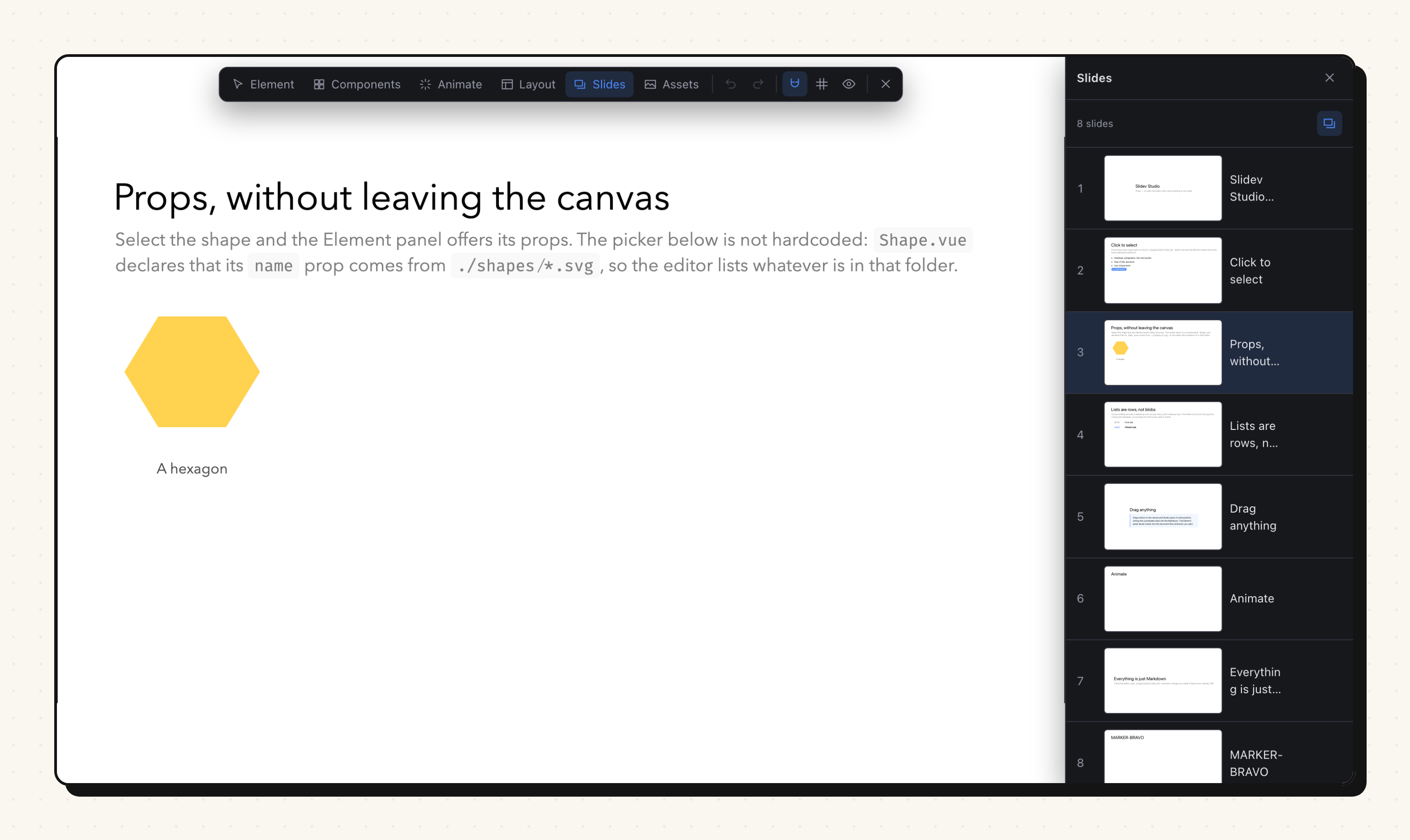 The Slides panel showing a live thumbnail per slide, with add, duplicate and delete