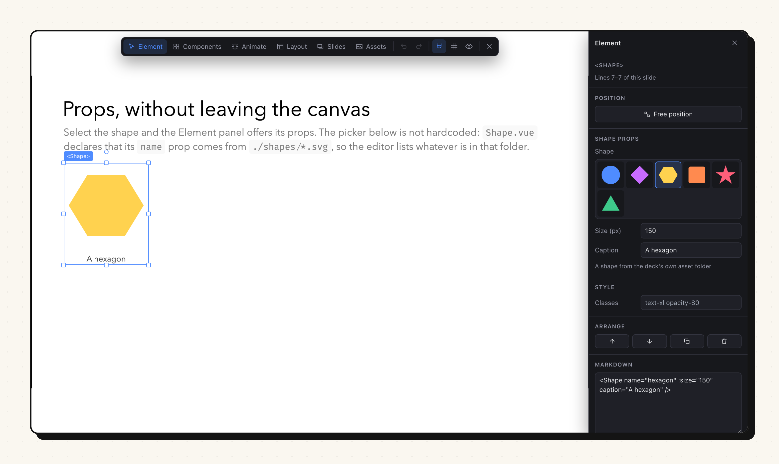 Studio open on a slide, with a component selected. The Element panel shows its props, its classes and the Markdown line it came from