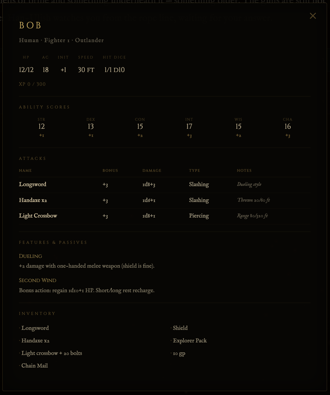 Character sheet modal