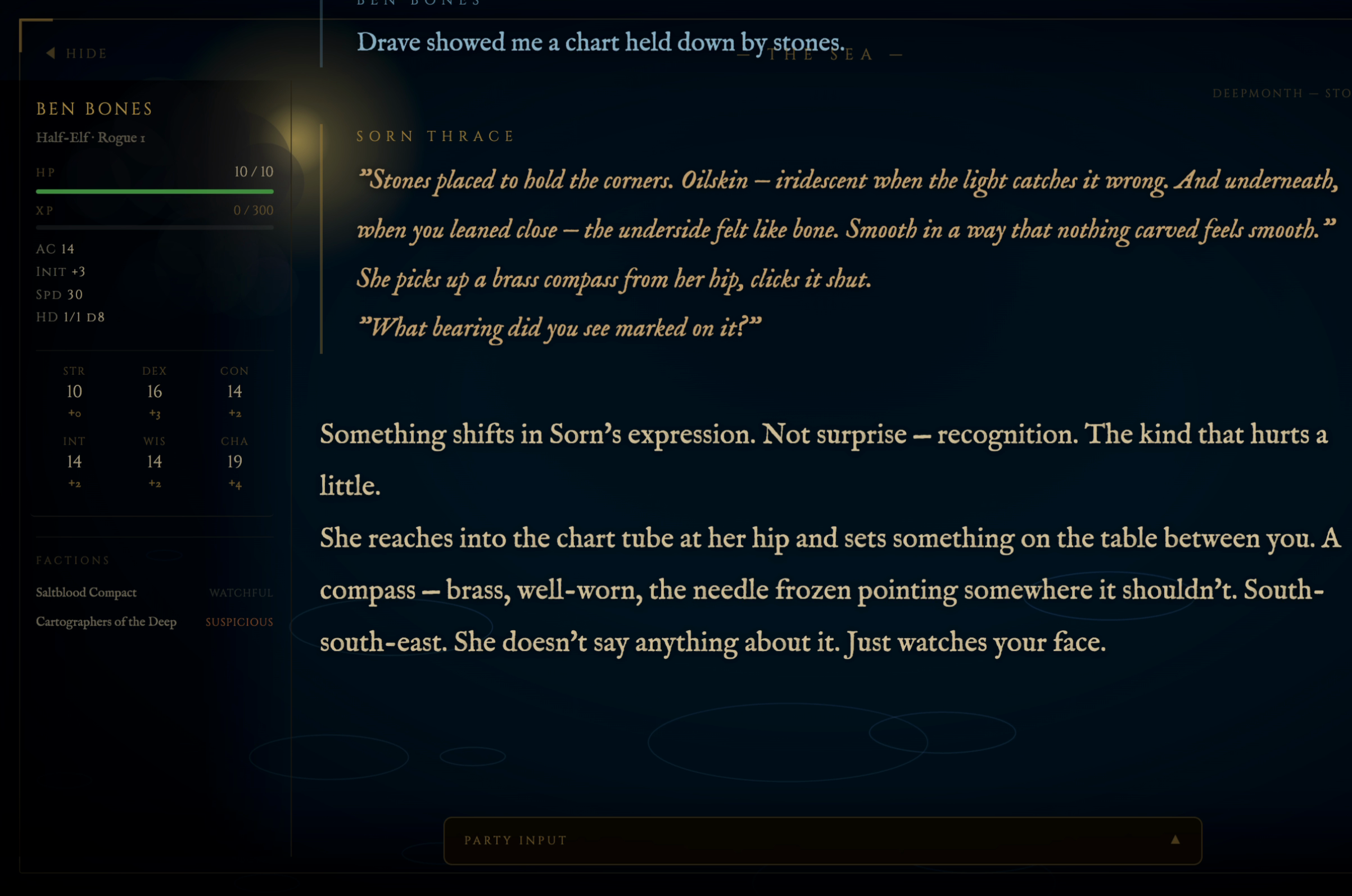 NPC dialogue block and character sidebar with faction panel