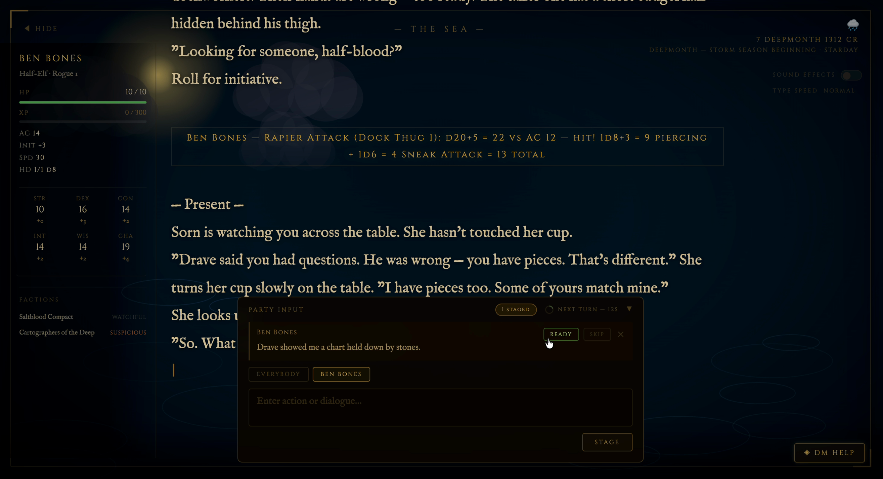 Player input panel — staging an action from a phone