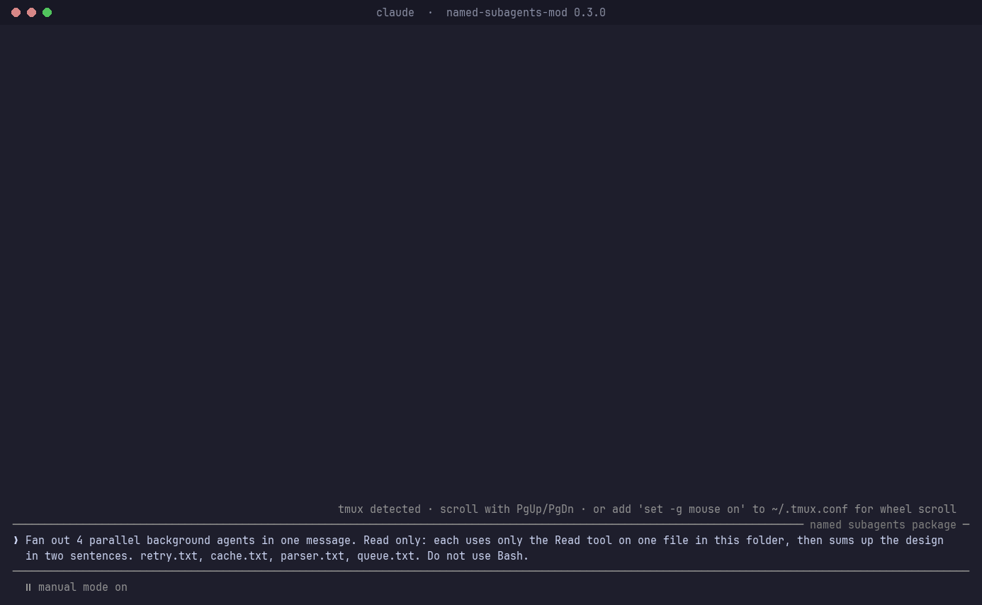 A Claude Code 2.1.292 session in the fullscreen layout, 150 columns: four subagents fan out and the agents pane opens beside the transcript, listing them as Basquiat, Eames, PaulRand and Mucha with what each is reading, its tool count, tokens and clock; the task tree under the prompt shows the same four names; after /names set pirates and /names use pirates the next three are Bonny, Kidd and Teach, and the pane ends on a receipt for all seven