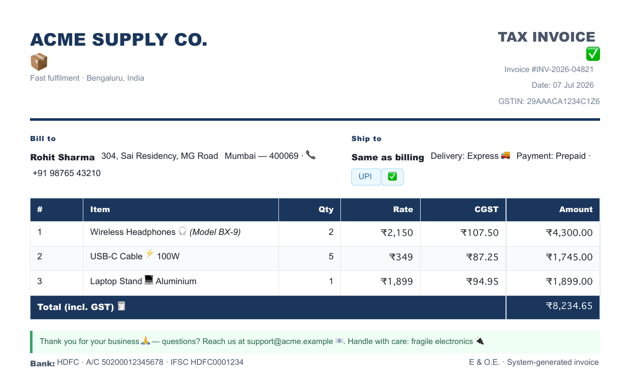 Invoice rendered by html-pdf-lite, with tables and color emoji