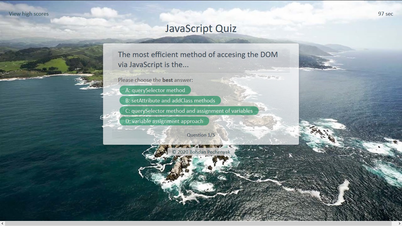 Screenshot of the Quiz in progress