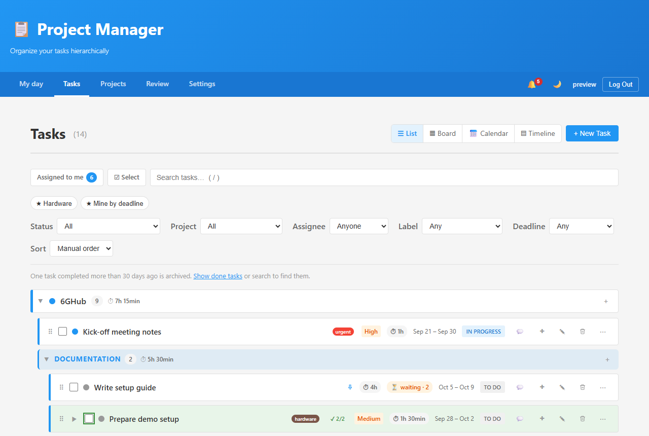 Tasks grouped by project and category