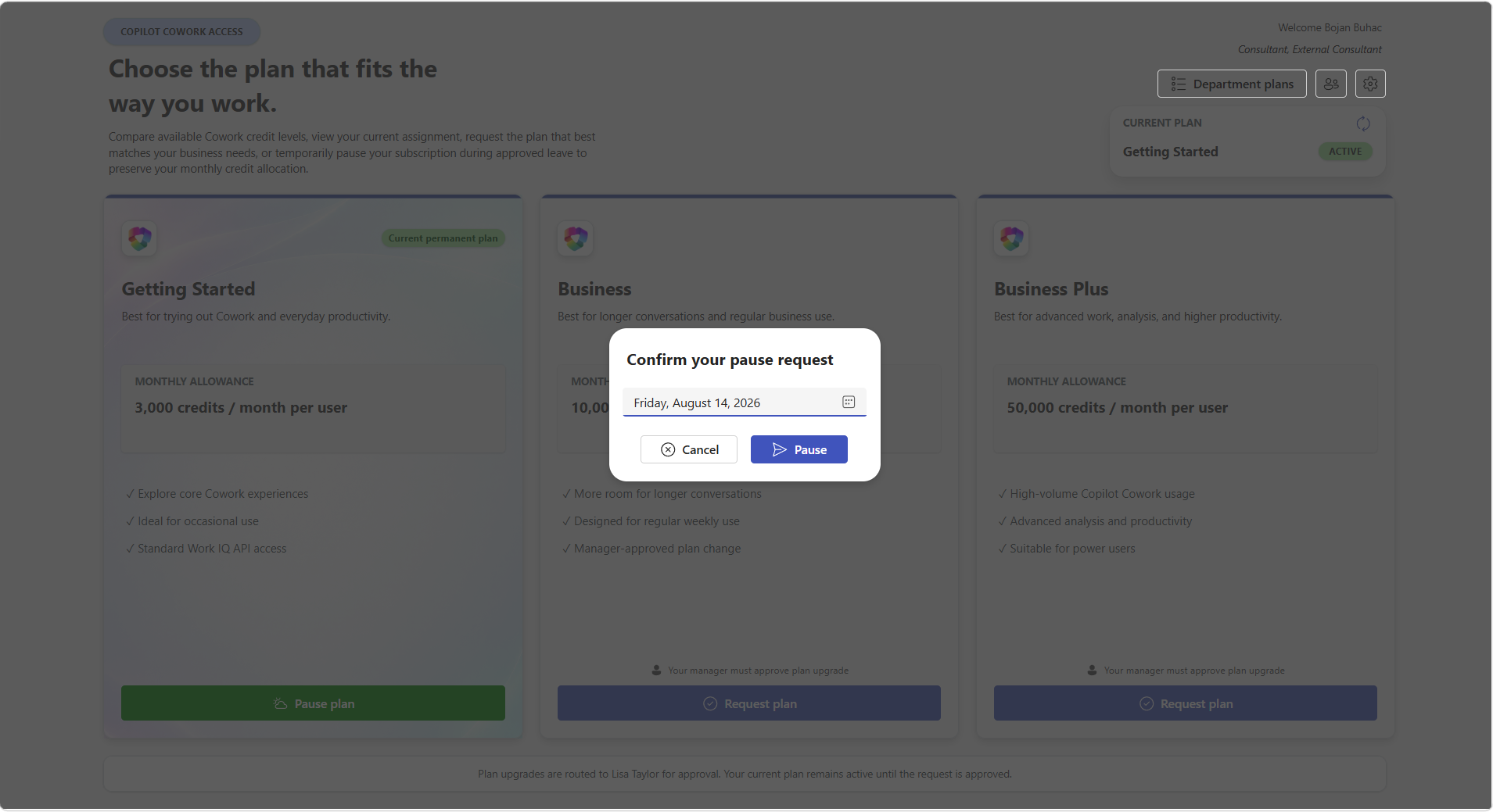 Confirm your pause request dialog with a return date picker and a Pause button.