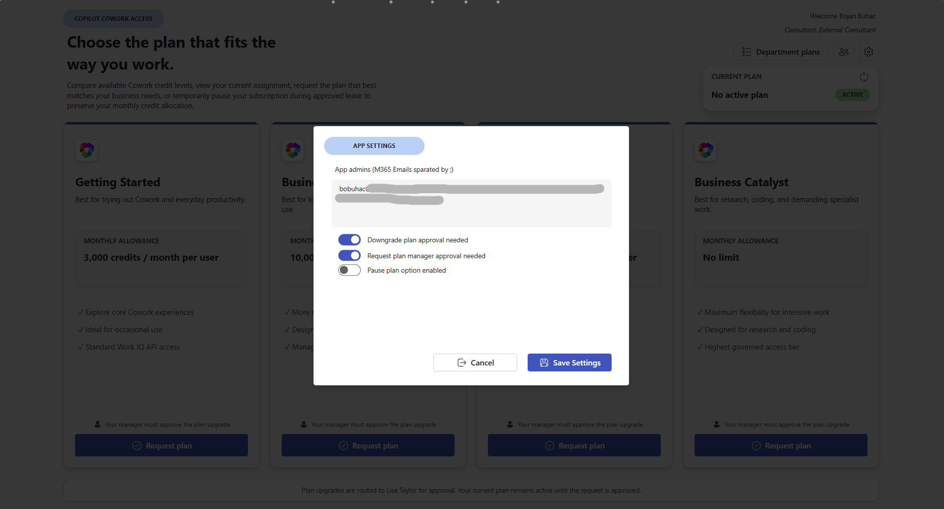 App settings screen with pause group, app admins, vacation phrases, and toggles for pause enabled and manager approval.