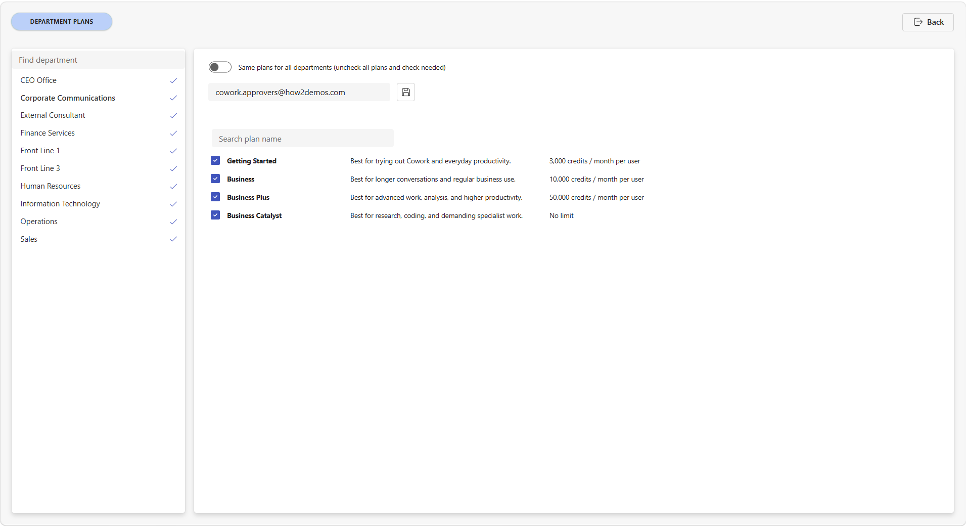 Department plans screen with a department list on the left and selectable plans with limits and benefits on the right.