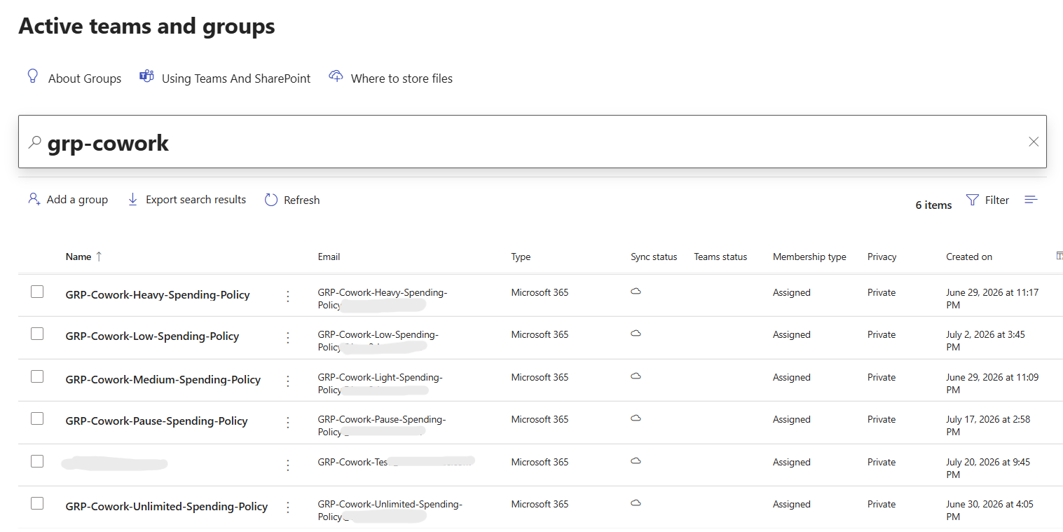 Microsoft Entra groups used by the Cowork Plans app.