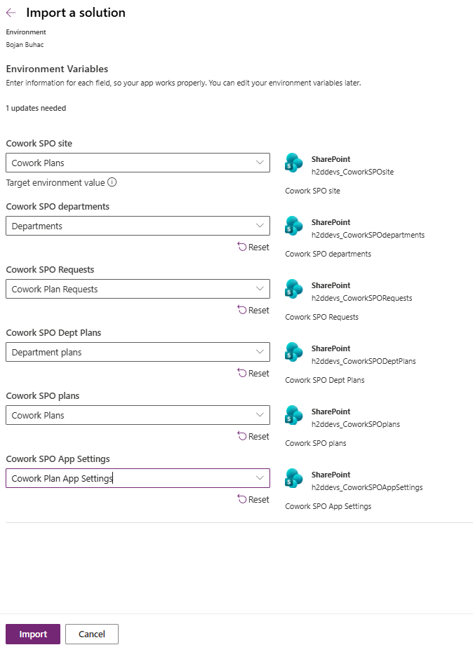 Solution import screen showing the environment variables to complete with the SharePoint site URL and list names.