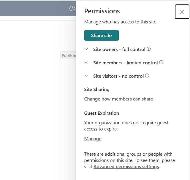 Site permissions page with the Advanced permissions settings link.