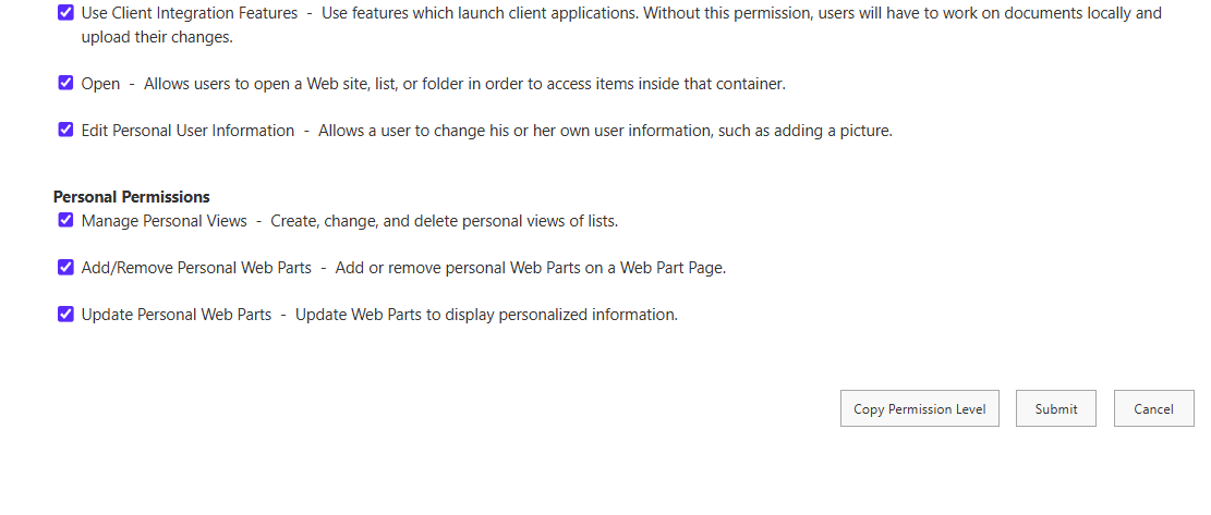 Copy Permission Level button at the bottom of the Edit permission level page.