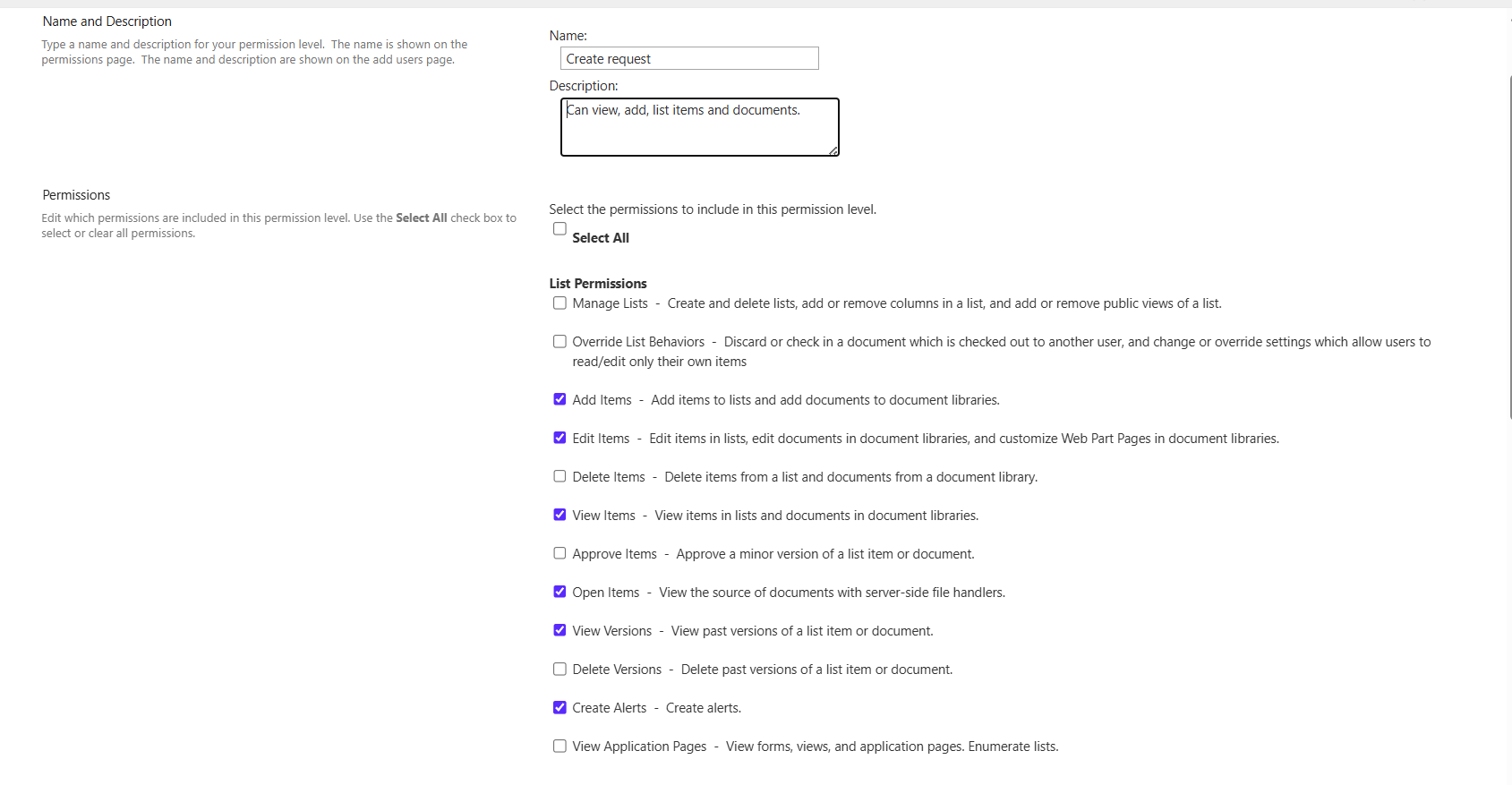 Permission level form with Delete Items and Delete Versions cleared.