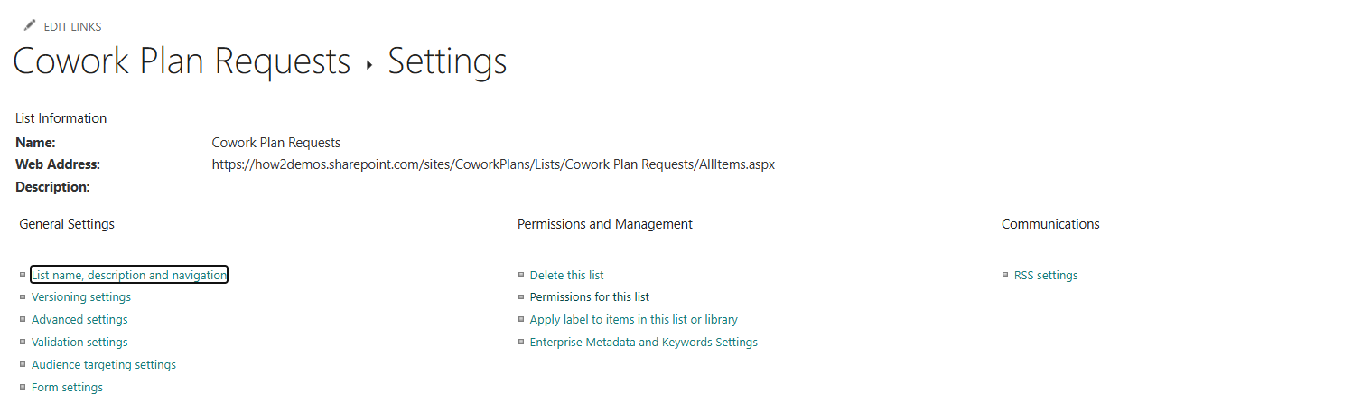 Permissions page for the Cowork Plan Requests list with the Stop Inheriting Permissions option.